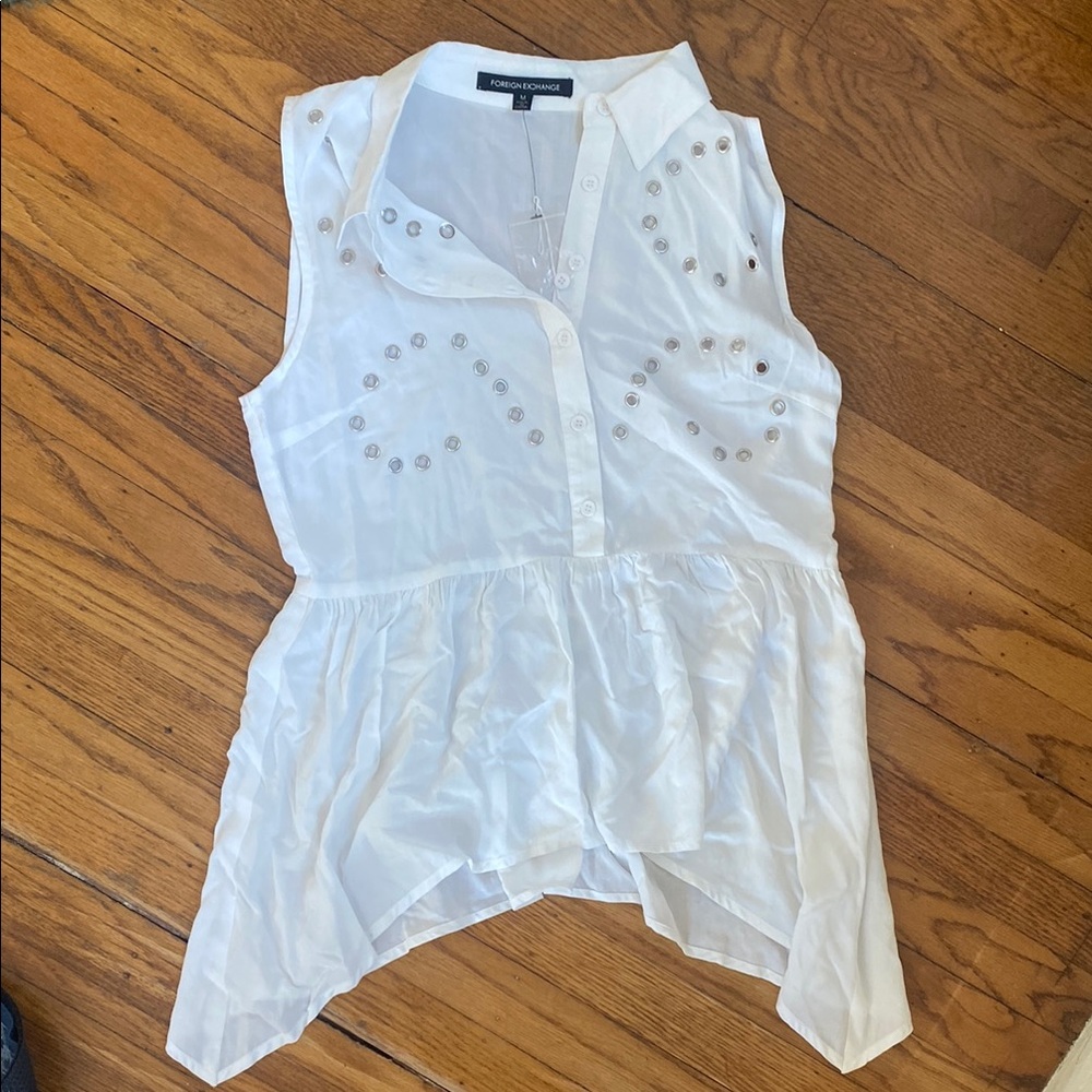 Foregn Exchange Womens Medium Sleeveless Top Stud Accents White Western Concert - Picture 2 of 4